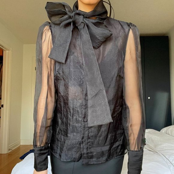 Zara Black Sheer Bow Tie Shirt - Picture 1 of 5